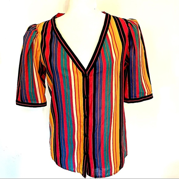 Miss O D by Oscar de la Renta cotton striped puff sleeve button down v neck - Picture 1 of 10